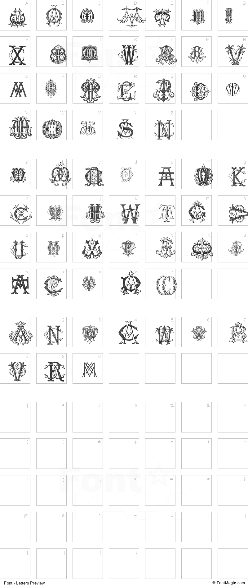 Intellecta Monograms Random Samples Five Font - All Latters Preview Chart